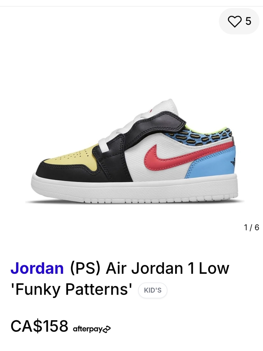 Nike Air Jordan 1 Low TD Funky Patterns Fusion Sneakers,Velcro Fasteners Sz 3Y